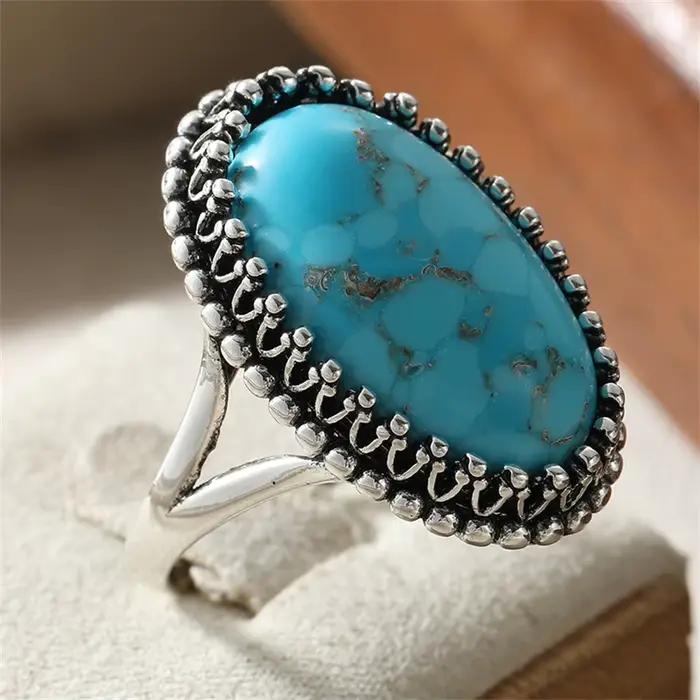 Bague Bohème pour Femme en Imitation Turquoise Incrustée, Bijou Géométrique Argenté Ethnique pour Usage Quotidien, Fête, Cadeau d'Anniversaire