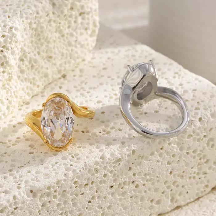 Bague ovale en acier inoxydable plaqué or avec cristal, grande bague solitaire pour femme, bijoux de mode