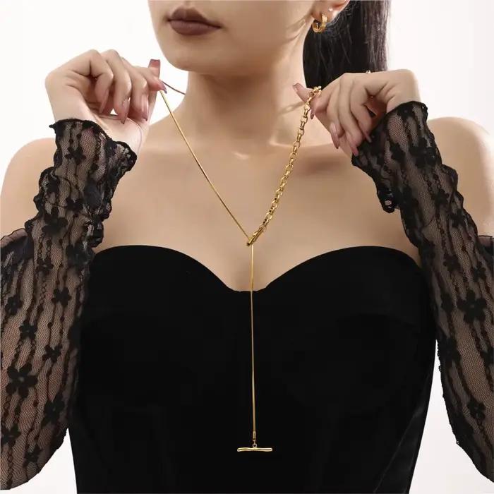 Collier Long réglable bicolore en acier inoxydable pour femmes, 80cm, couleur or argent 18 carats, boucle OT, chaîne de pull pour femmes
