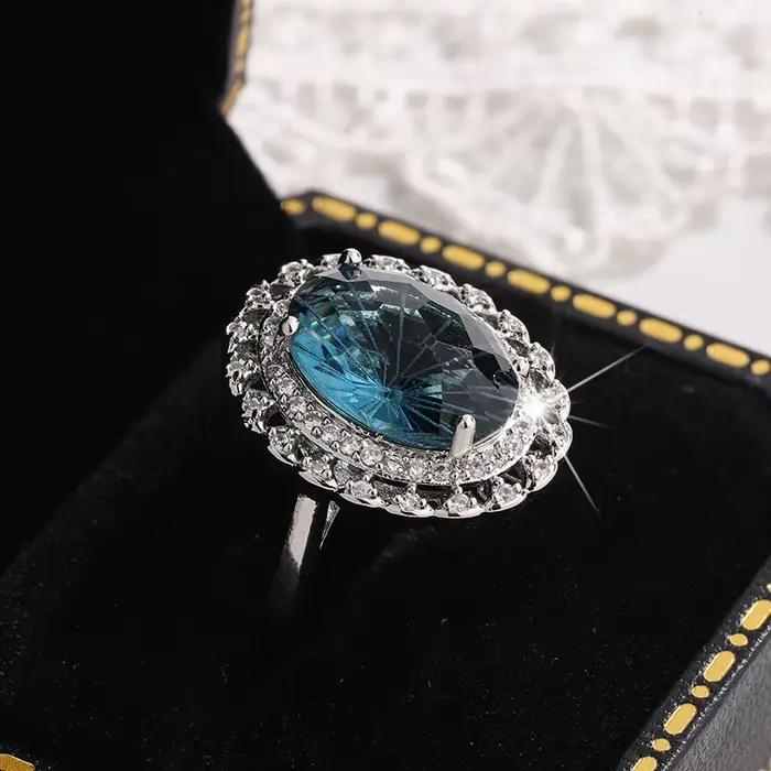 Bague Haute Couture pour femme, plaquée argent 925, Topaze bleue naturelle, bijoux de fête, cadeau