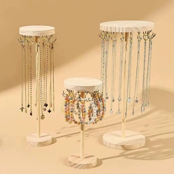 Porte-collier organisateur support d'arbre à bijoux avec 12/18 crochets métalliques tour d'affichage de collier en bois pour la maison ou l'exposition utilisation de vente