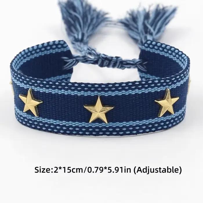Bracelets Bohèmes Tissés à la Main avec Pompons, Rivets Étoiles, Bracelets Ajustables pour l'Amitié, Bijoux pour Femmes