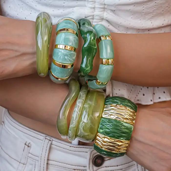 Bracelet en résine épaisse verte irrégulière pour femmes et filles, Vintage, acrylique, large, géométrique, ouverture, bijoux de décoration