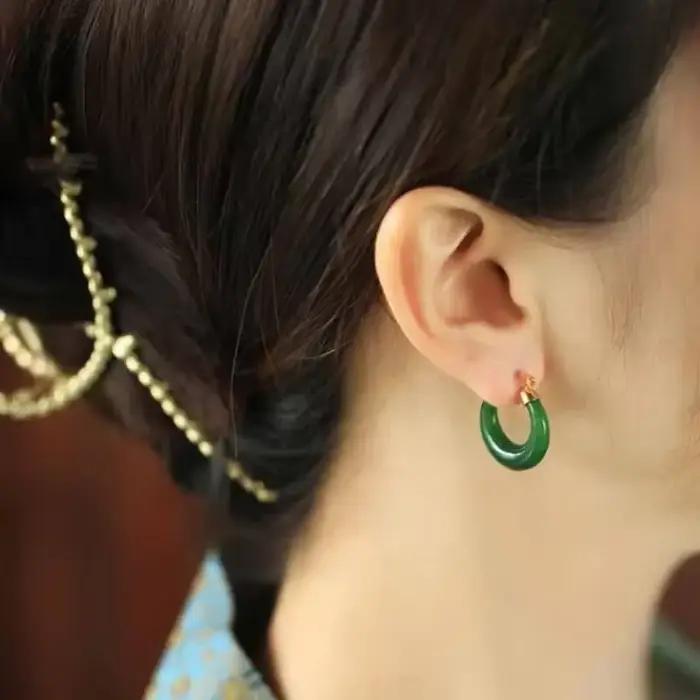 Boucles d'oreilles créoles en jaspe naturel Hetian pour femme, breloque originale, bijoux de haute qualité, cadeau de dîner, frais et ancien, designer