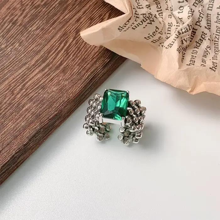 Bague en argent regardé 925 avec pierre verte unique pour femme, bijoux ouverts au doigt, bague vintage faite à la main, allergie pour fête, cadeau d'anniversaire