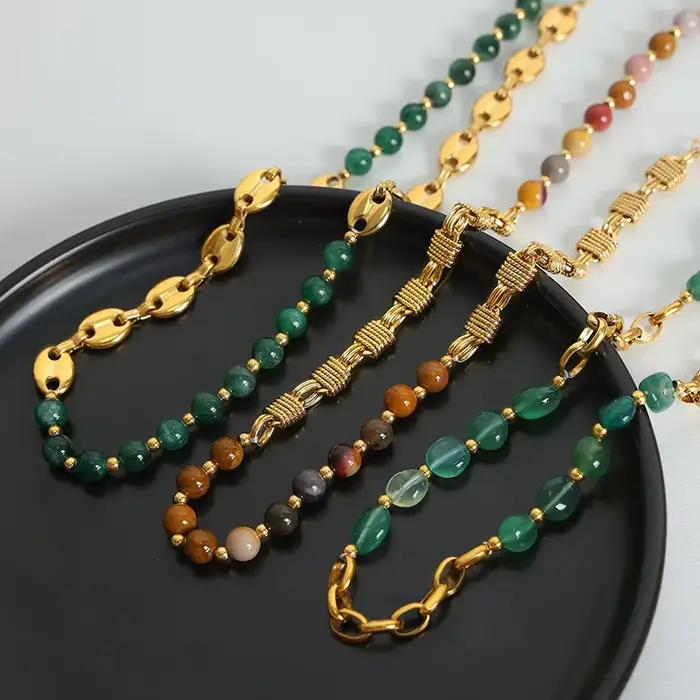 Magnifique collier de perles d'agate verte pour femmes, chaîne en acier inoxydable plaqué or, bijoux élégants, cadeau