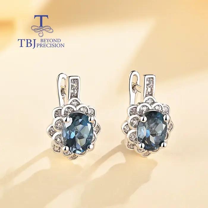 Boucles d'oreilles TBJ en topaze bleue naturelle de Londres, argent sterling 925, design classique, bijoux fins, cadeau pour femmes