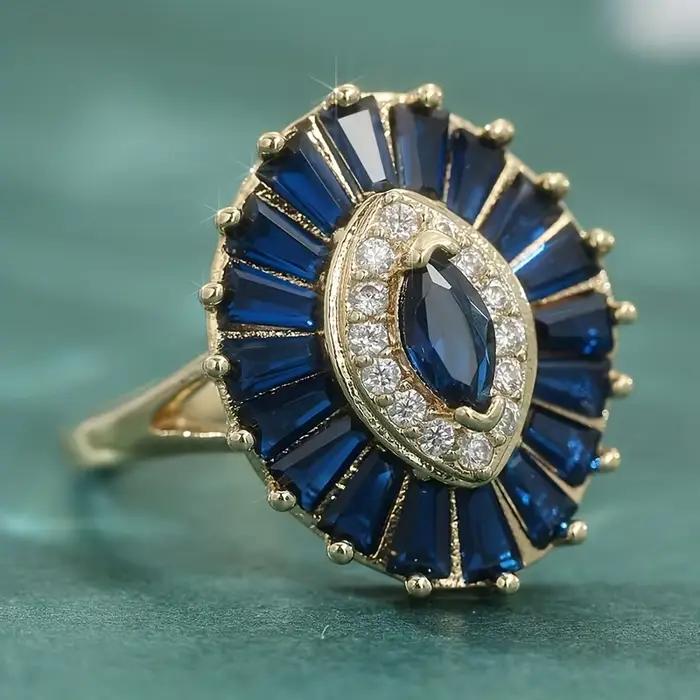 Bague ovale pour femme en zircon bleu incrusté, style rétro et luxueux, accessoires de fête tendance et à la mode, bijoux cadeaux