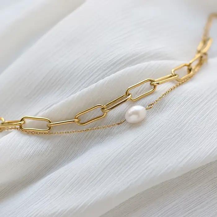 Amaiyllis-Bracelet de perles d'eau douce en or 18 carats pour femme, bijoux faits à la main, nar, double couche, Boho, Kolye