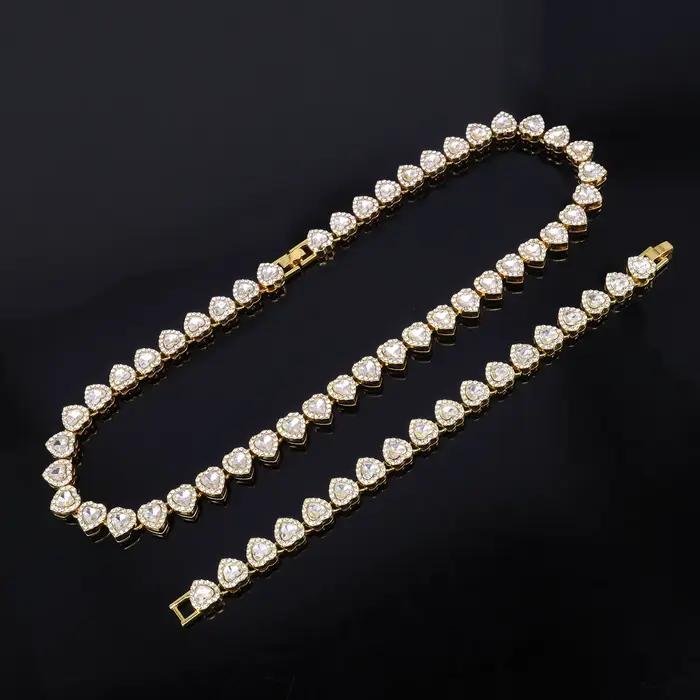 Yupsk 45CM/20CM coeur brillant strass Hip Hop Rock Tennis chaîne Bracelet collier pour femmes hommes à la mode ensemble de bijoux cadeau