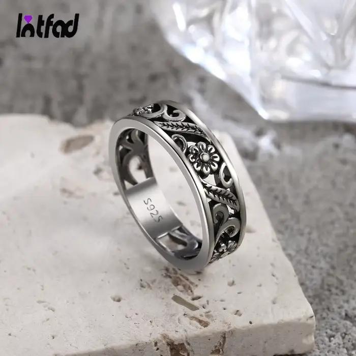 Bagues Vintage en argent Sterling 925, squelette en forme de fleur, bague ajourée rétro en argent noir, bijoux fins pour hommes et femmes