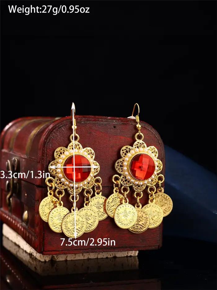 Ensemble de boucles d'oreilles luxueuses pour femme arabe, serties de pierres précieuses artificielles et de pendentifs en forme de pièce de monnaie, cadeau de bijoux de mariage pour mariée marocaine