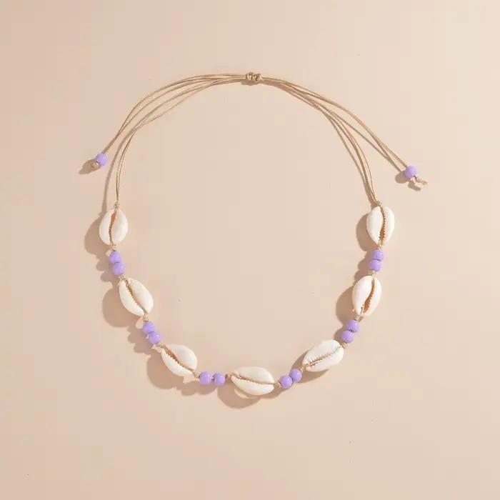 Nouveau collier de perles en coquillages ajustable, chaîne tressée en coquillages violet/bleu/rose/blanc, chaîne de cou ajustable pour femme