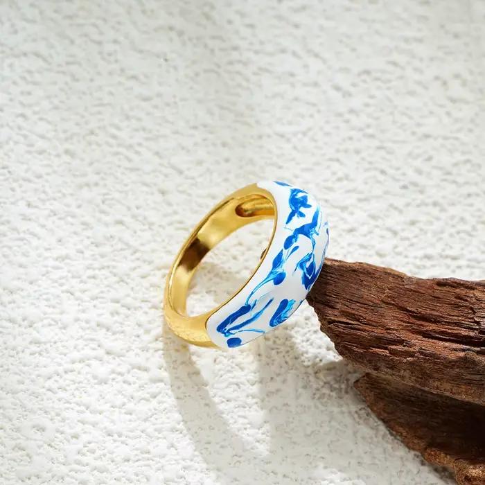 Bague statement en émail bleu et blanc pour femmes, vintage, large, couleur or, cercle, bague de doigt, étanche, bijoux vintage, cadeaux