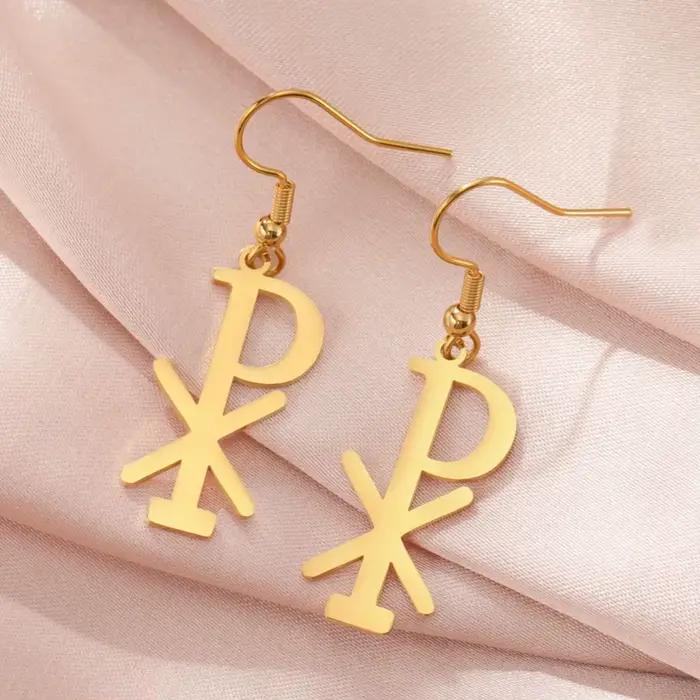 LIKGREAT Boucles d'oreilles Chi-Rho chrétiennes pour femmes, pendentif croix religieuse en acier inoxydable, amulette religieuse, bijoux uniques, cadeau