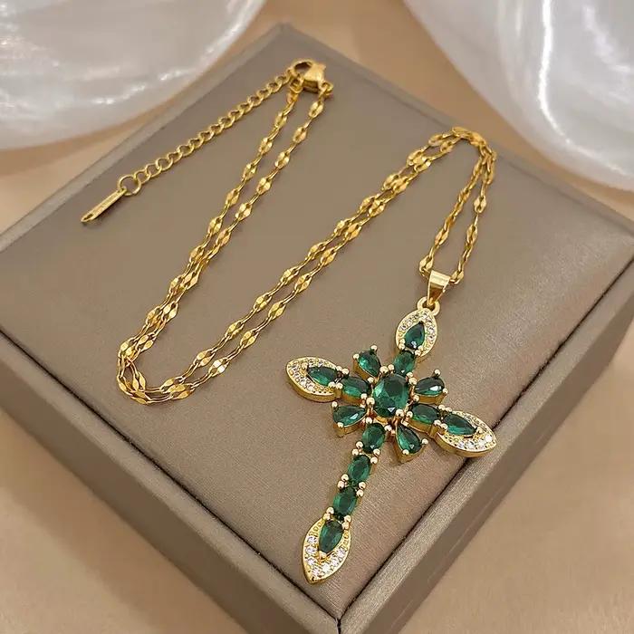 Collier croix religieux en Zircon coloré, prière de jésus, pendentif en cuivre plaqué or, chaîne en acier inoxydable, bijoux cadeau