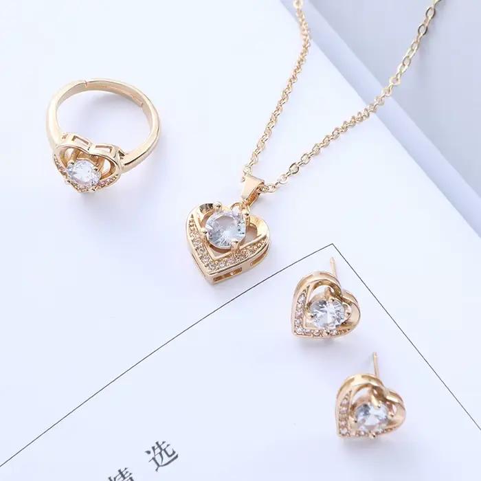 ENWinterR-Ensemble de bijoux délicats et brillants, pendentif coeur d'amour, collier JONecklace, boucles d'oreilles et bague, cadeaux de mariage doux