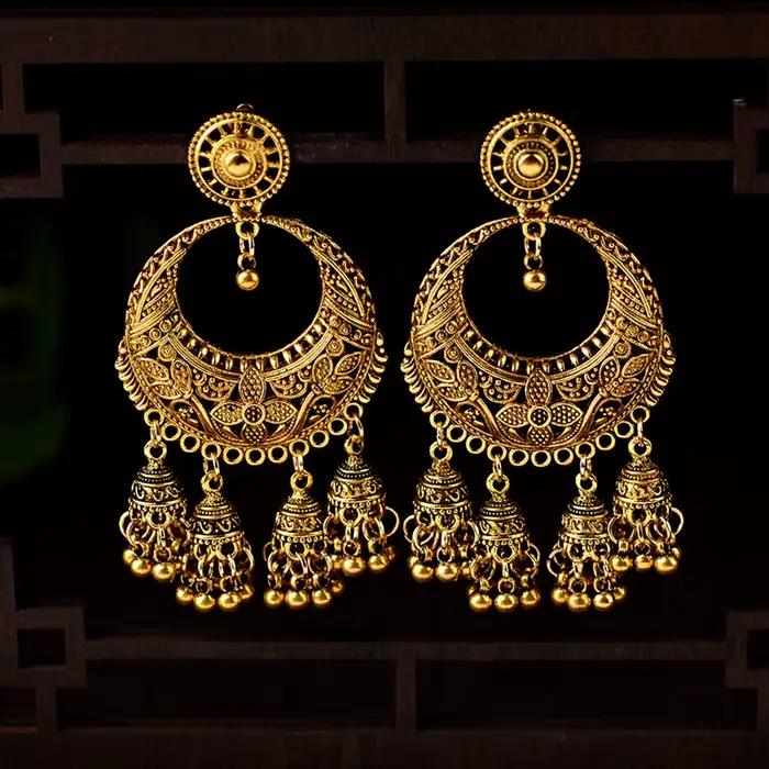 Boucles d'oreilles ethniques sculptées couleur or Jhumka Jhumki, style Boho, cloche de fleur ronde, pompon, goutte d'eau pour femmes, bijoux indiens à la mode