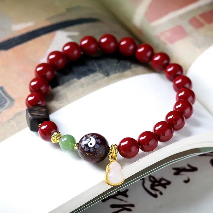 Bracelet ethnique en cinabre avec perles des Neuf Trigrammes Taoïstes et pendentif gourde pour femme, bijou de poignet, cadeau