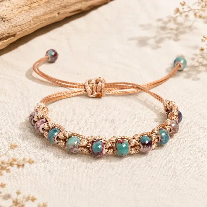 Bracelet en cordon doré avec perles en céramique Guifei, fait à la main, cordon ciré réglable, bijoux, cadeau S04-0113