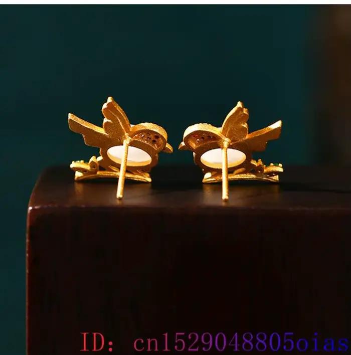 Boucles d'oreilles oiseau en Jade véritable blanc sculpté pour femmes, bijoux naturels, cadeau, clous d'oreille énergétiques, amulette porte-bonheur, breloque de luxe, pierres précieuses