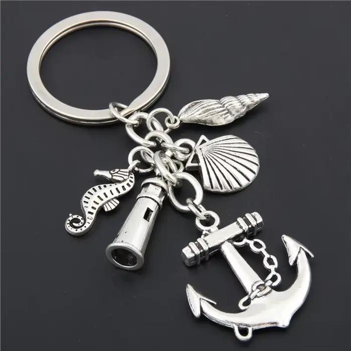 Porte-clés de pêche en hameçon, 1 pièce, poisson de plage, ancre, phare, breloques, bijoux d'été, cadeau