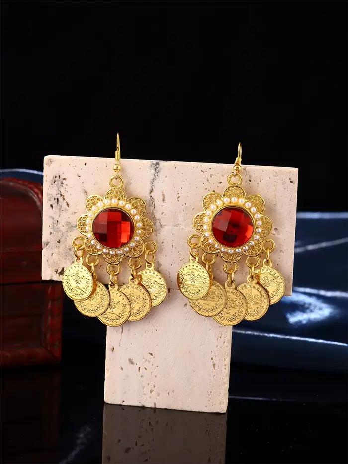 Ensemble de boucles d'oreilles luxueuses pour femme arabe, serties de pierres précieuses artificielles et de pendentifs en forme de pièce de monnaie, cadeau de bijoux de mariage pour mariée marocaine