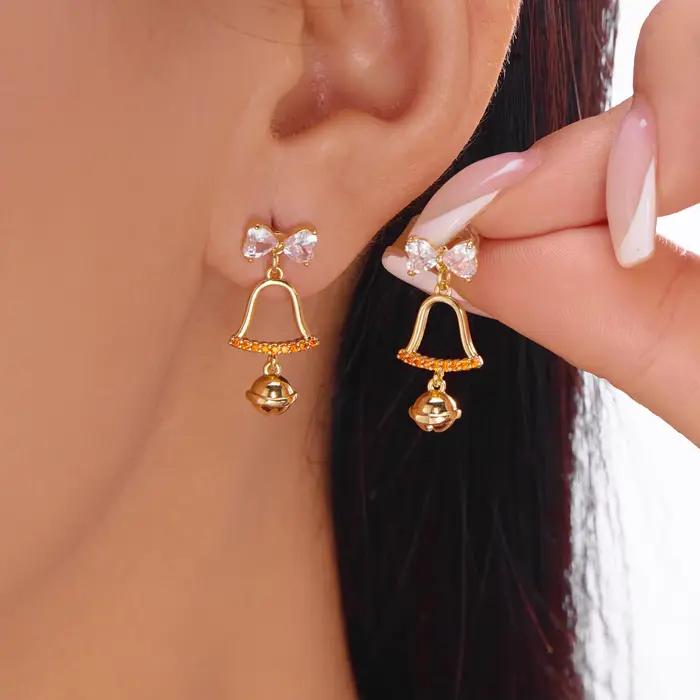 Boucles d'oreilles cloche à nœud rouge de noël pour femmes, bijoux de fête du nouvel an en strass mignons, cadeaux de noël