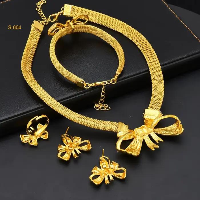 Ensemble de bijoux plaqués or pour femmes, style arabe, Dubaï, Inde, Afrique, collier et boucles d'oreilles nœud papillon, cadeau de mariage ou de fête