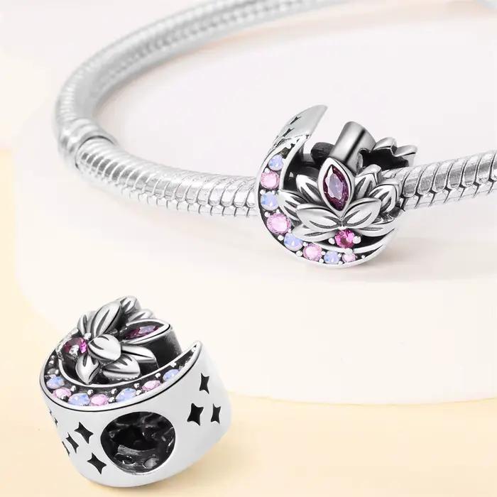Breloques originales plaquées argent, perles pour bracelets, breloques de sac, accessoires DIY, cadeau pour femme, pendentif lotus, ange, lune, cristal rose