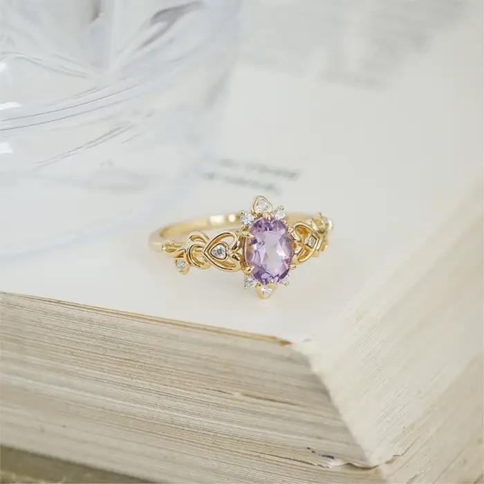 LAMOON – bague de luxe Vintage en améthyste naturelle pour femmes, exquise, ajourée, en argent Sterling 925, plaqué or 14 carats, bijoux fins