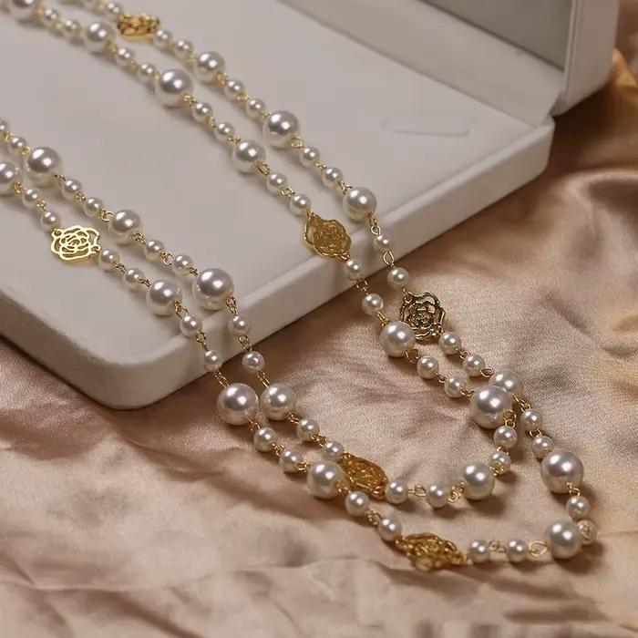 Vintage dame camélia perles fleur Long collier chaîne élégant Double couches mode bijoux pour les femmes fête Collares de moda