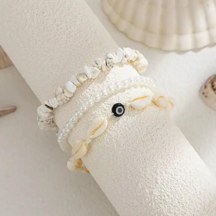 Ingemark Lot de 3 bracelets bohèmes en pierre naturelle pour hommes et femmes, rétro, empilables, avec perles imitation coquillage, ajustables