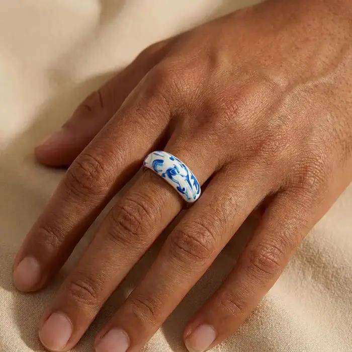 Bague statement en émail bleu et blanc pour femmes, vintage, large, couleur or, cercle, bague de doigt, étanche, bijoux vintage, cadeaux