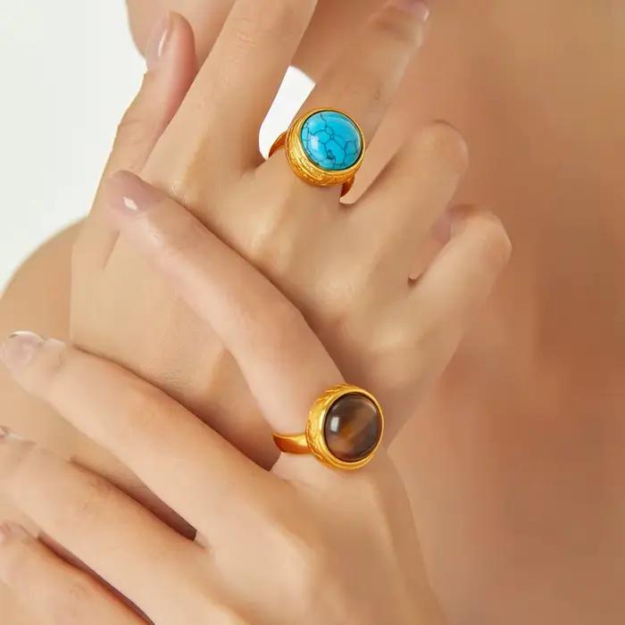 Bague Vintage Turquoise Naturelle pour Femme, Acier Inoxydable Plaqué Or, Bague Ronde Ouverte Femme, Bijoux Fantaisie, Cadeau