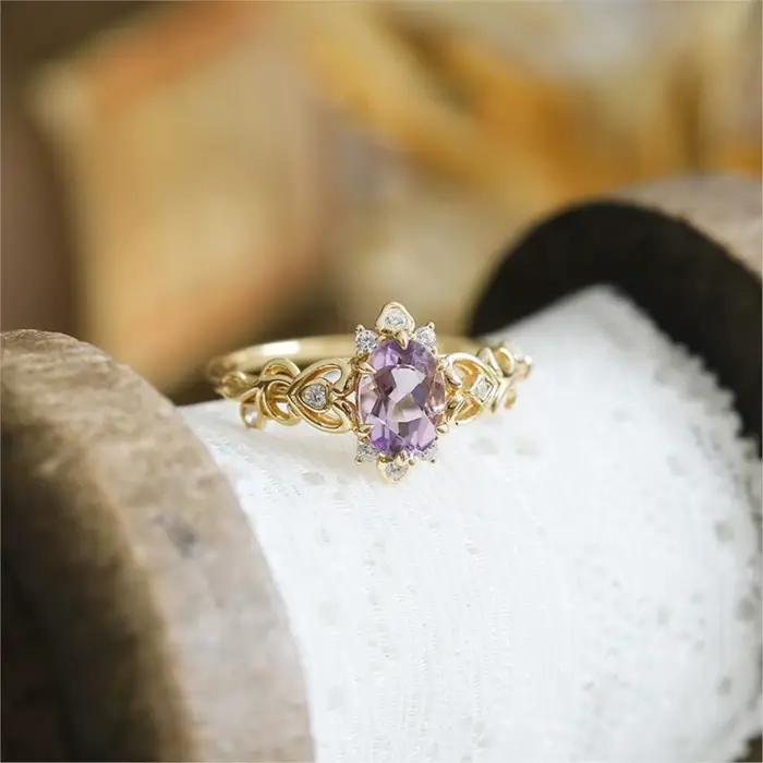LAMOON – bague de luxe Vintage en améthyste naturelle pour femmes, exquise, ajourée, en argent Sterling 925, plaqué or 14 carats, bijoux fins