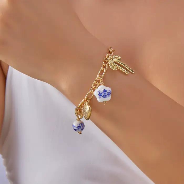 Bracelet tendance en céramique et métal pour femme, élégant, vintage, doux, pour fête, avec nœud papillon, imitation bijoux, cadeau