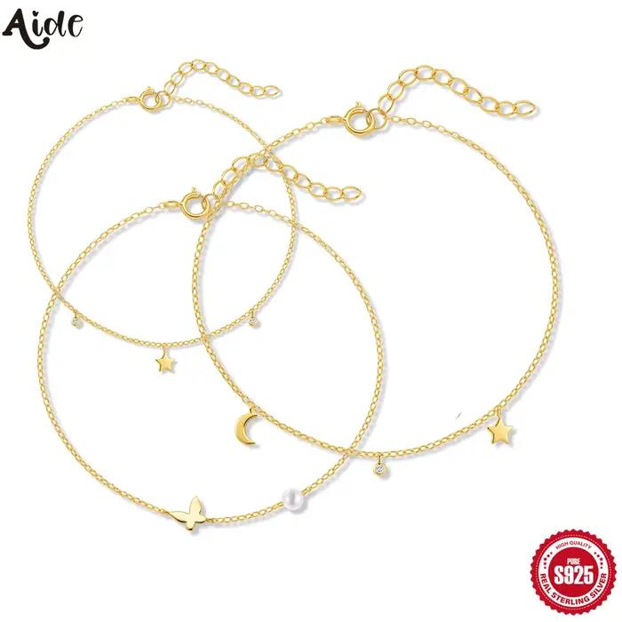 Aide Bracelet de cheville en argent sterling 925 avec breloque étoile, plaqué or délicat et pendentif CZ, pour femme, idéal pour l'été, la plage et les pieds nus