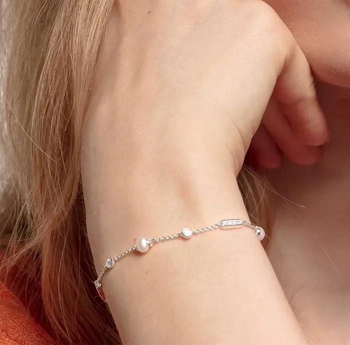 Bracelet perle d'eau douce et pierre blanche en argent Sterling 925, bijoux fins, cadeau classique pour femmes européennes