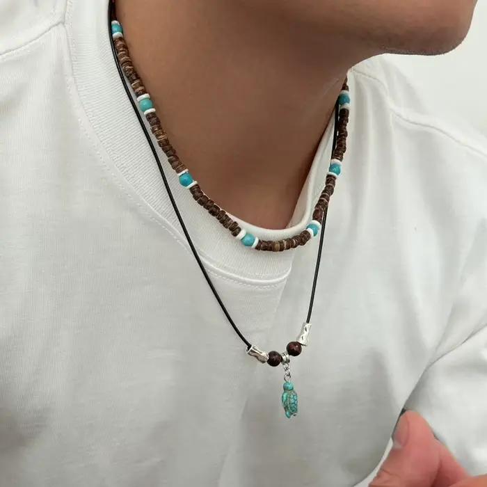 Collier pour homme en noix de coco naturelle, style vacances à la plage, pendentif, bijoux