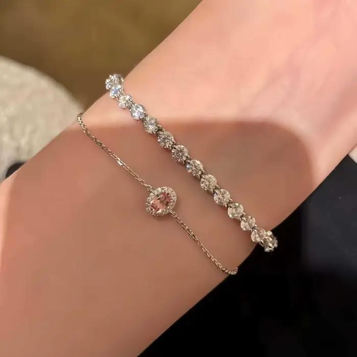 Bracelet en argent Sterling 925, ovale, rose, zircone cubique, Halo, chaîne fine réglable, pour femmes, bijoux élégants pour tous les jours, cadeau