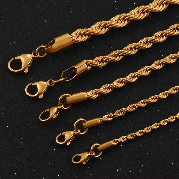 Chaîne de corde torsadée en acier inoxydable plaqué or véritable 18 carats, 2.5MM 3MM 4MM 5MM, ne se décolore pas, collier, bijoux pour hommes et femmes