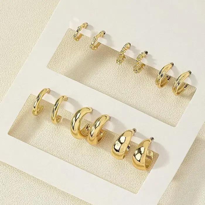 Boucles d'oreilles créoles en acier inoxydable pour femmes, cristal contre-indiqué, cercle en métal, piercing au cartilage géométrique, ensemble de bijoux, 6 pièces par ensemble