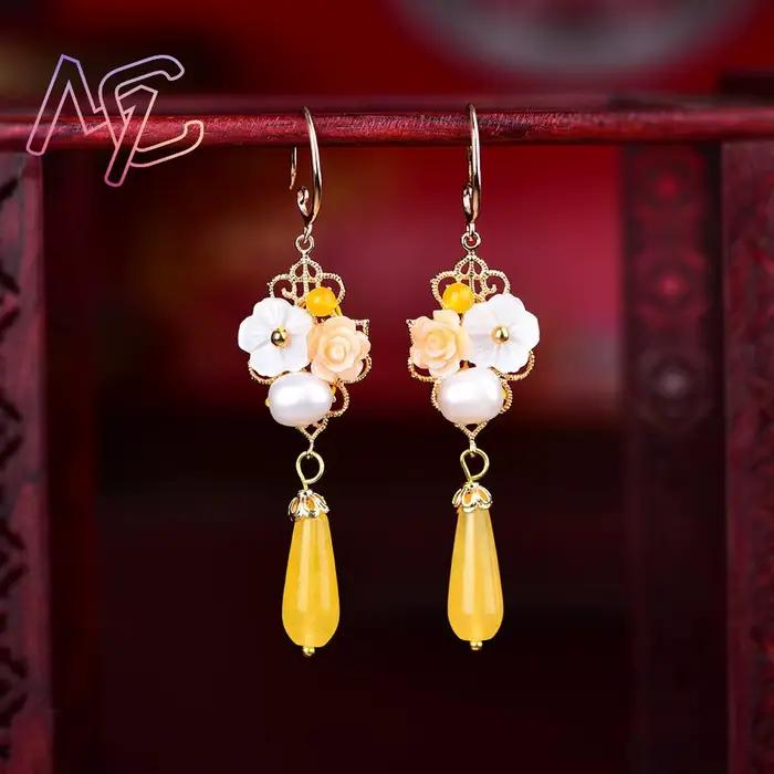 Boucles d'oreilles fleur de Jade naturel jaune, amulette Vintage, cadeaux pour femmes, bijoux réels, breloque sculptée, pierres précieuses de luxe porte-bonheur