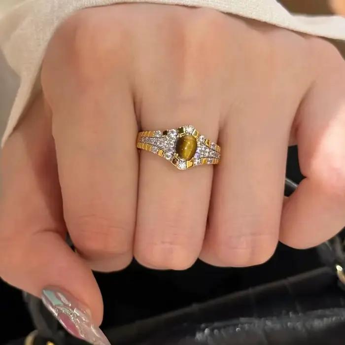 Bague vintage série pierre d'oeil de tigre pour femmes, style hip-hop, classique, artisanat de tréfilage, breloque légère, bijoux de luxe, couple
