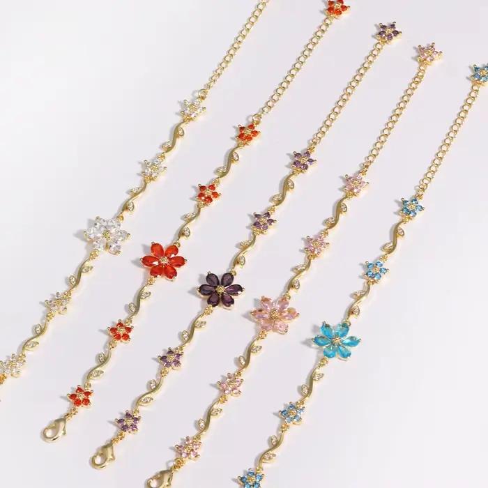 Bracelet élégant en Zircon pour femmes, violet, rose, bleu, fleurs, Y2K, doux, nœud pour filles, bijoux de luxe de styliste, cadeau