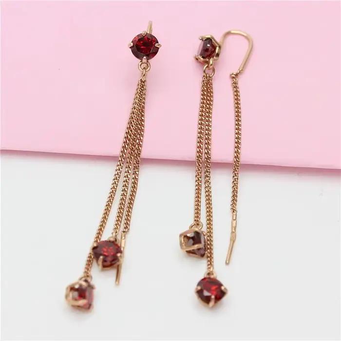 Boucles d'oreilles pompon gemme rouge incrusté d'or rose 14 carats pour femme, bijoux longs plaqués or violet, boucles d'oreilles de luxe légères, 585
