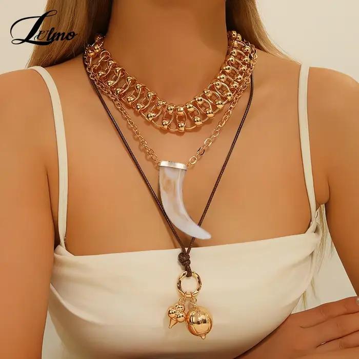 Lot de 3 colliers multicouches avec pendentif en corne, bijoux à breloques de Cowgirl lourd et exquis, accessoires de fête à la mode, cadeaux