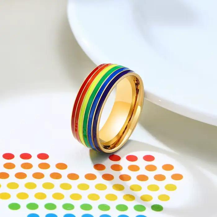 Bague en acier inoxydable pour femmes et couples, thème LGBT, motif drapeau, promesse d'amour, fiançailles