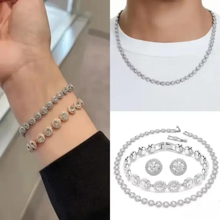 Ensemble Collier, Boucles d'Oreilles et Bracelet en Cristal Rond Diamanté « Bonheur Classique » 2026 – Polyvalent pour le Quotidien, les Fêtes, le Travail et les Cadeaux de Fêtes